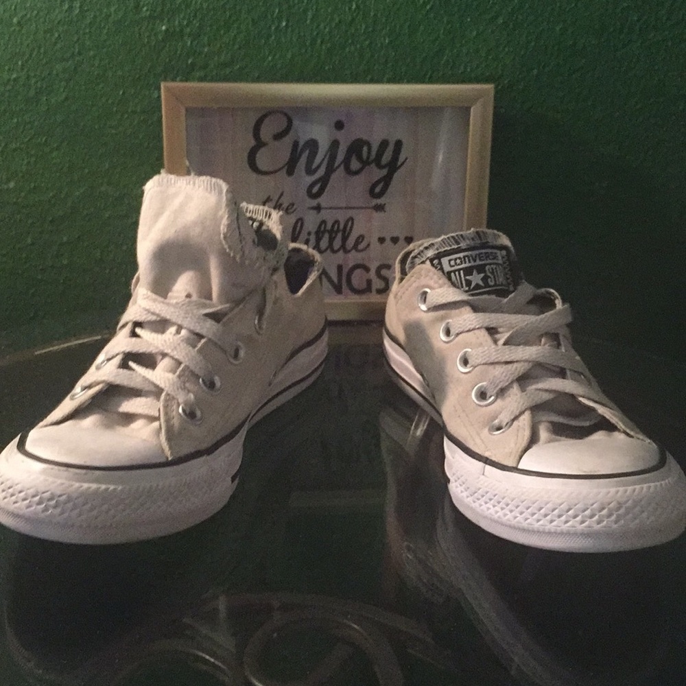 Tan double-tongue converse sneakers